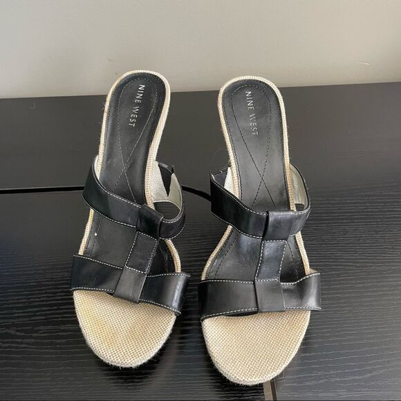 Nine West WNCOBALT Vintage Linen and Leather Upper Slide On Heeled Sandal, 10 - Picture 2 of 16